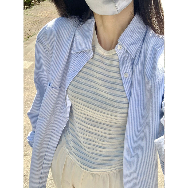 藍色條紋防曬衣襯衫女夏季港風chic別致小眾法式上衣長袖襯衣外套