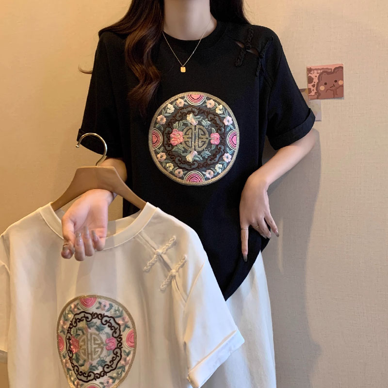 純棉2024年夏季新款胖mm大碼國潮簡約中國風新中式套頭短袖T