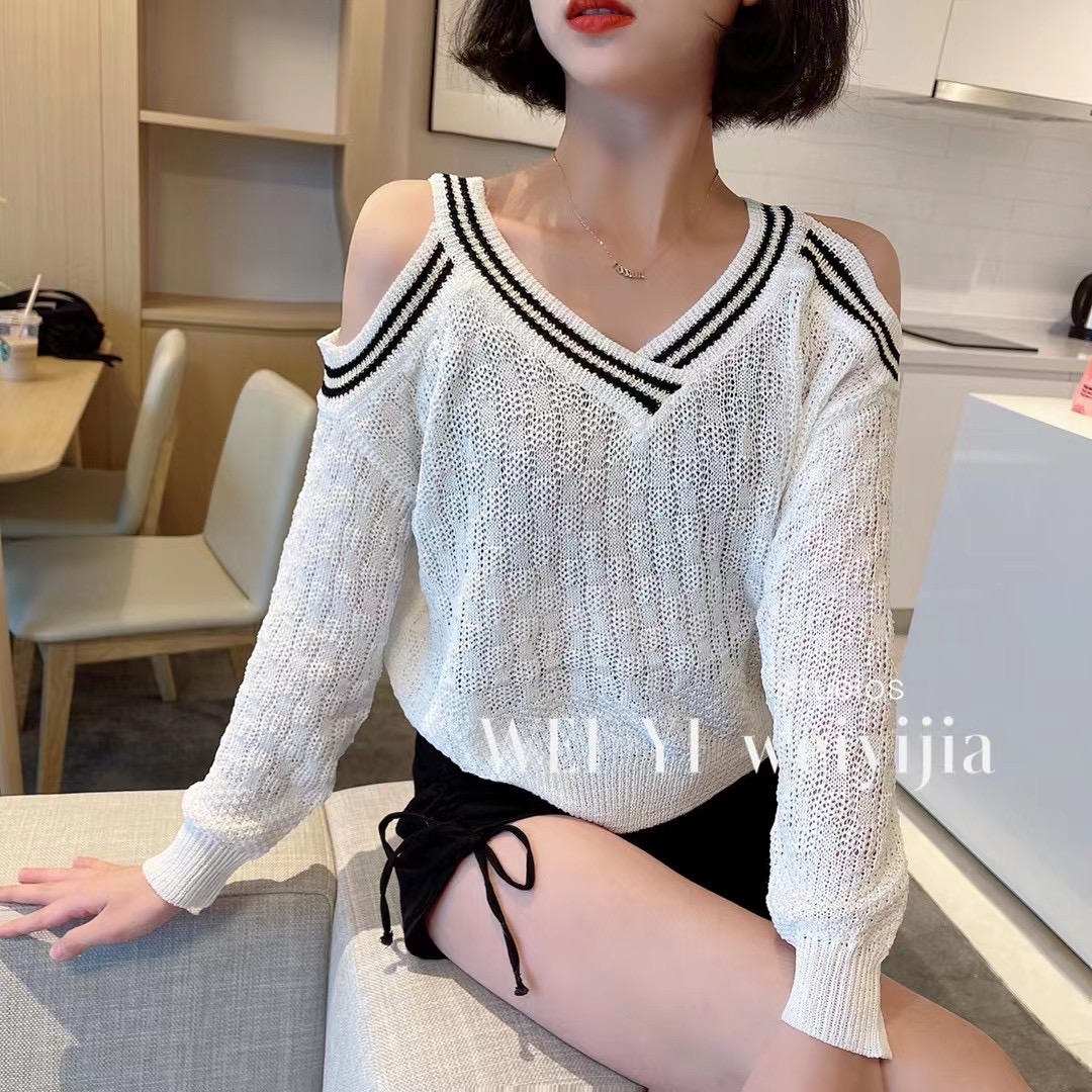 針織衫女裝春秋季薄款2024新款設計感小眾毛衣寬鬆外穿露肩上衣服