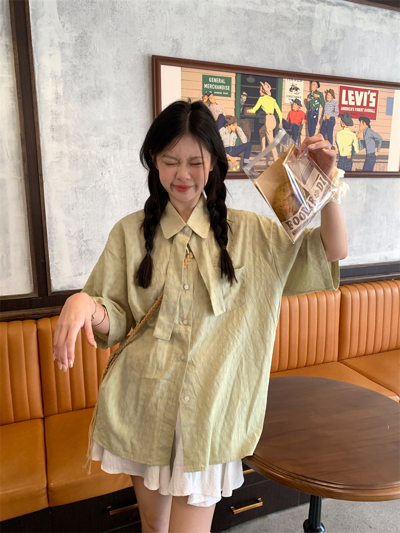 實拍~甜妹奶系綠色蝴蝶結短袖襯衫女薄款寬鬆小個子上衣