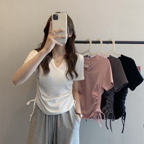 復古純欲風辣妹小V領短袖T恤女夏季設計感抽繩上衣