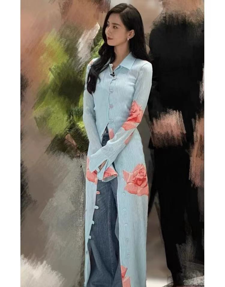 劉詩詩同款藍色印花盤扣襯衫連衣裙女春秋2024新款高級感開衫長裙