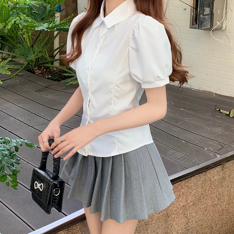 實拍 2024春季新款泡泡袖別致白色襯衣女短款修身百搭甜辣上衣女