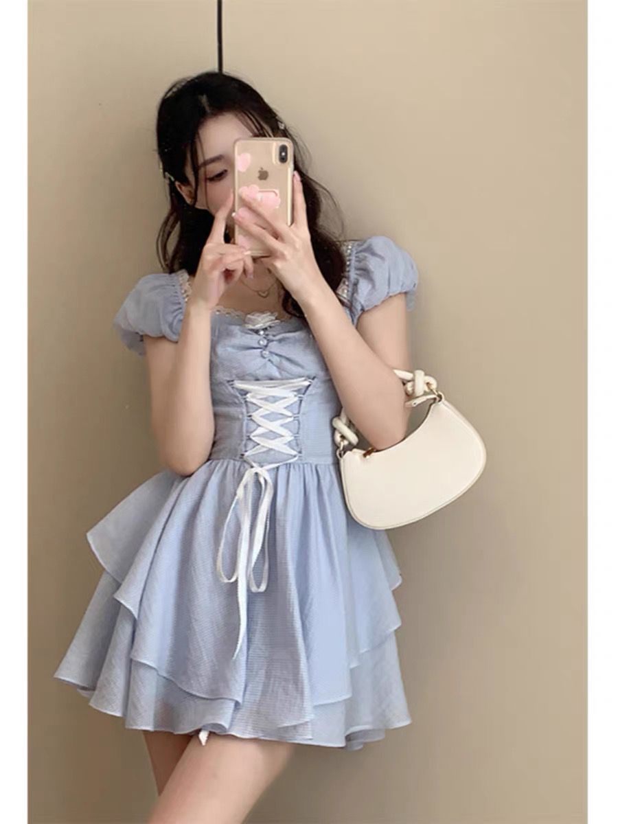 藍色連衣裙芭蕾甜美法式在逃公主風收腰顯瘦絕美小裙子短款女春夏