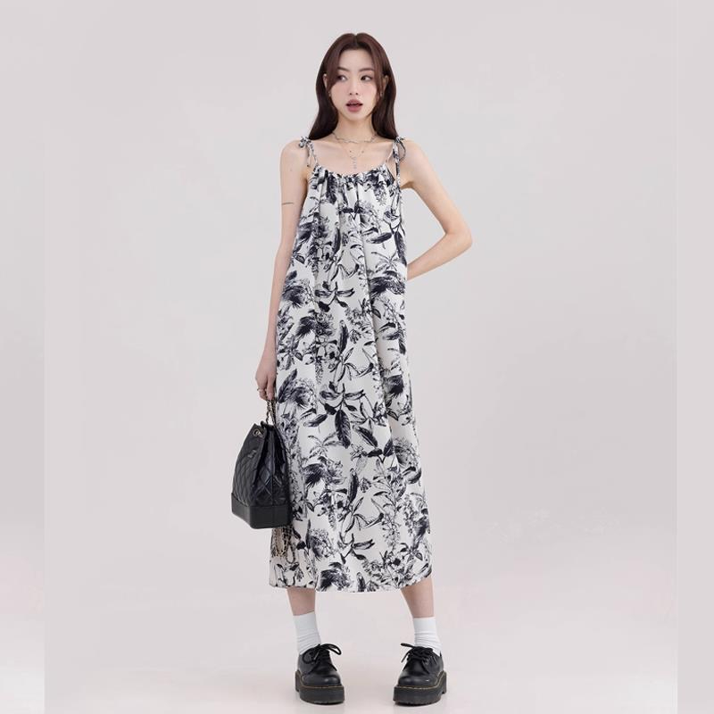 水墨暈染連衣裙女新款時尚百搭夏天吊帶裙小個子中裙
