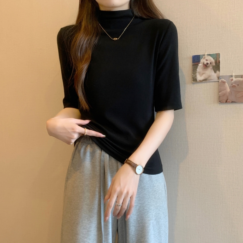 實拍  40支純棉 2024夏裝五分袖半高領打底衫女短袖T恤