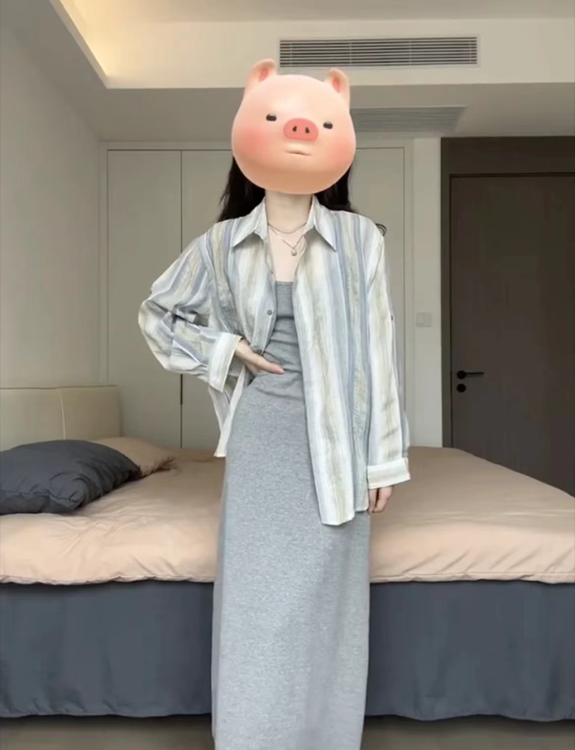 早春暈染豎條紋小清新長袖防曬襯衫女復古寬鬆薄款顯瘦外搭兩件套