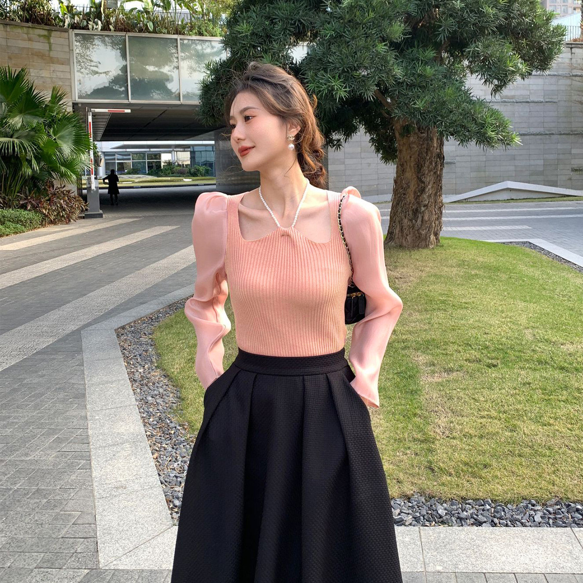 2024春夏季新款氣質珍珠鏈掛脖設計感收腰顯瘦打底針織衫女冰爽絲