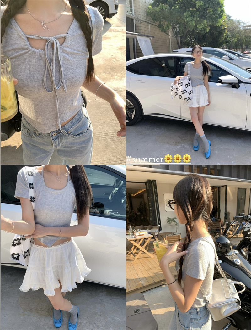 實拍~綁帶t恤夏女新款設計感小眾圓領吊帶一字肩短款上衣