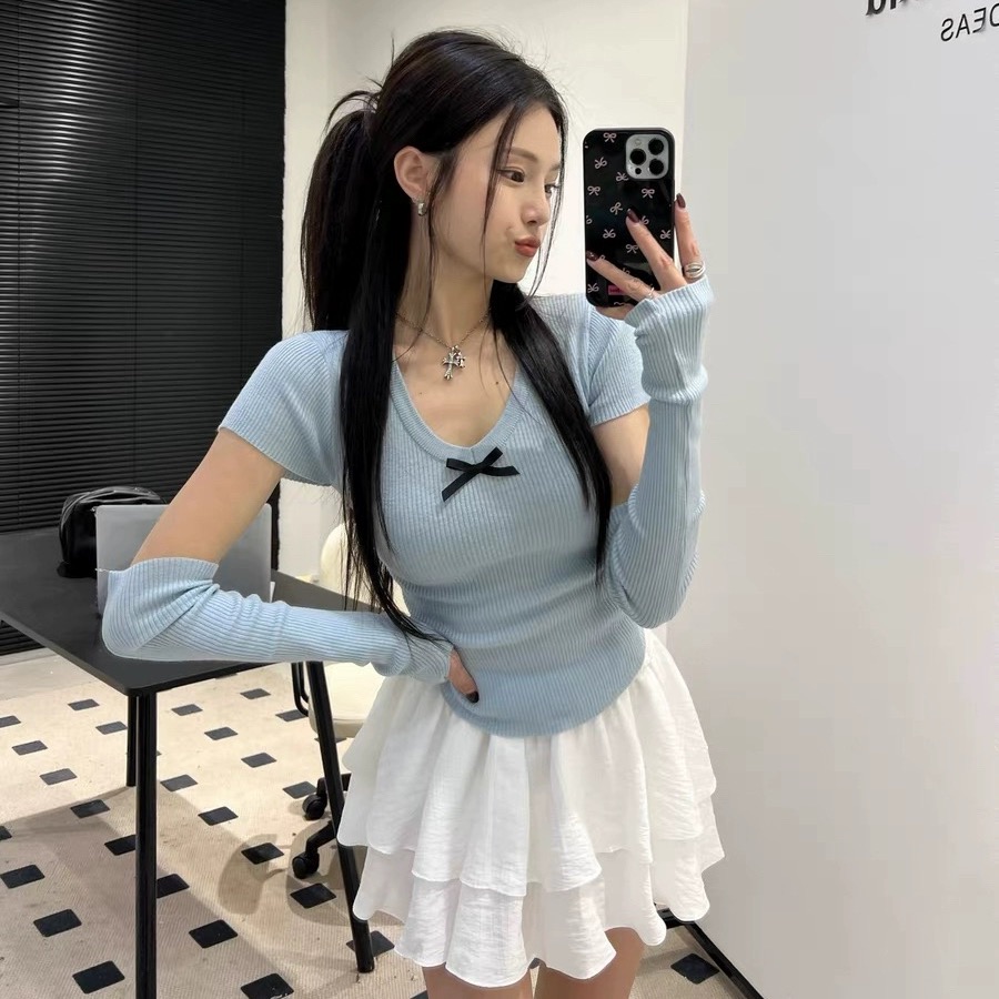 小心機設計感套袖蝴蝶結針織衫早春時髦短款修身顯瘦甜酷V領小衫