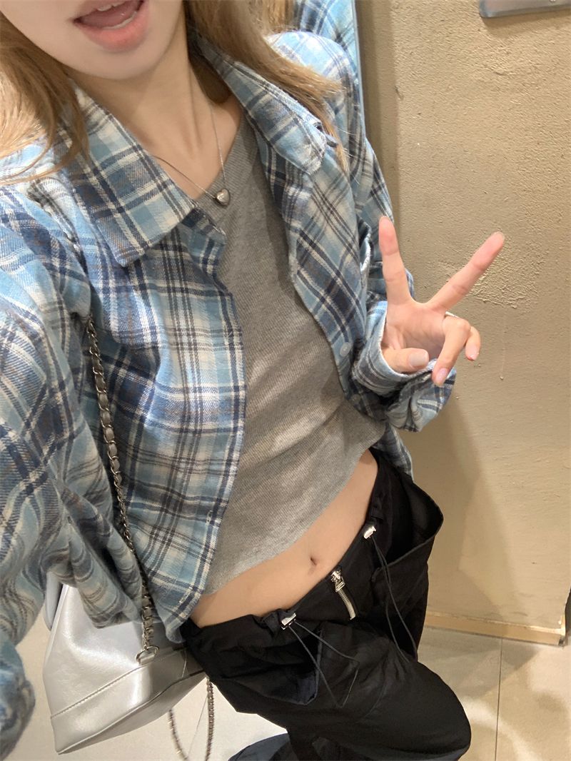 原版做法面料 美式復古藍色薄款格子襯衫女春慵懶防曬開衫外套