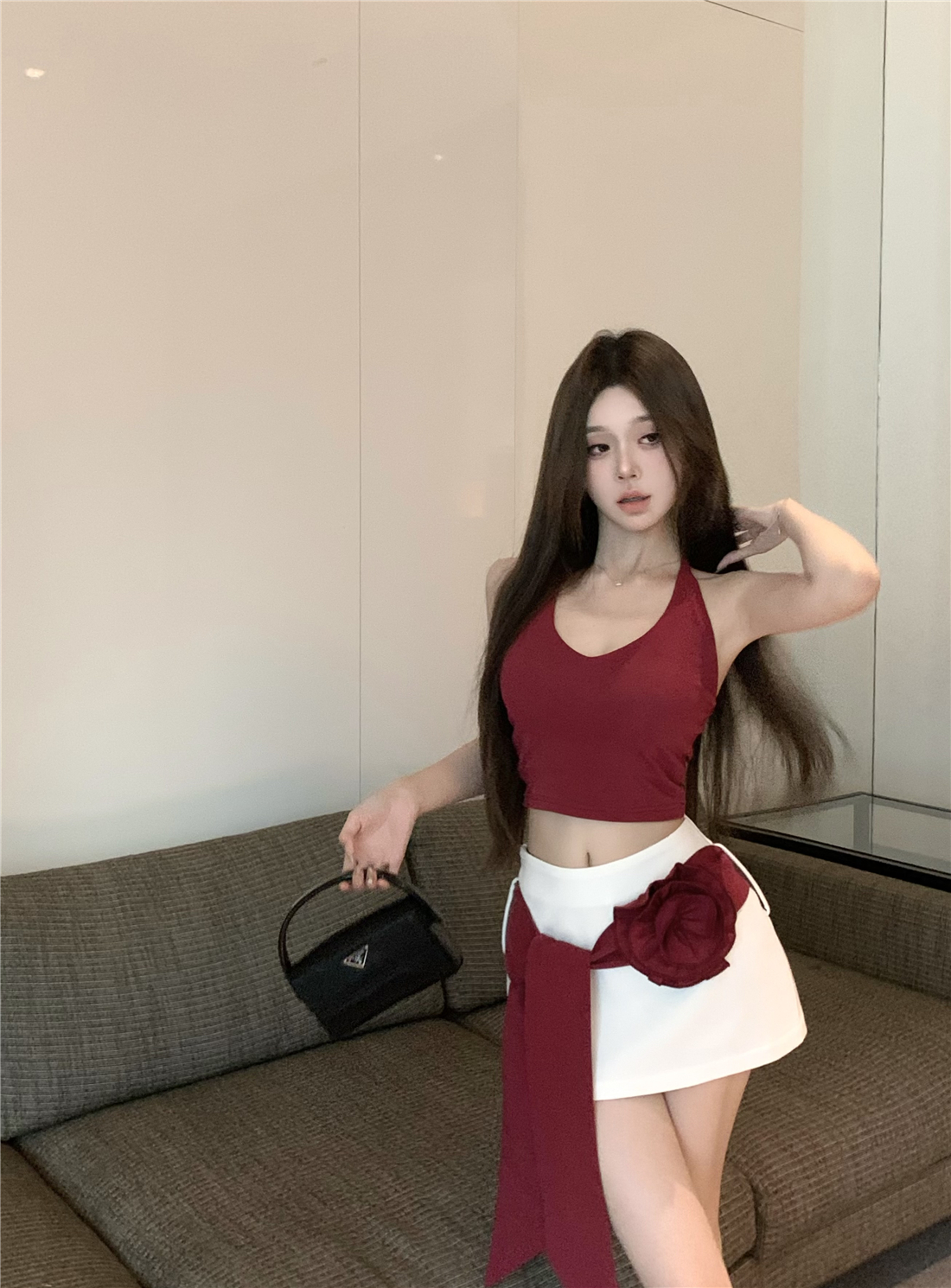 可拆卸花朵腰帶半身裙女春季新款辣妹短裙A字裙短款裙子