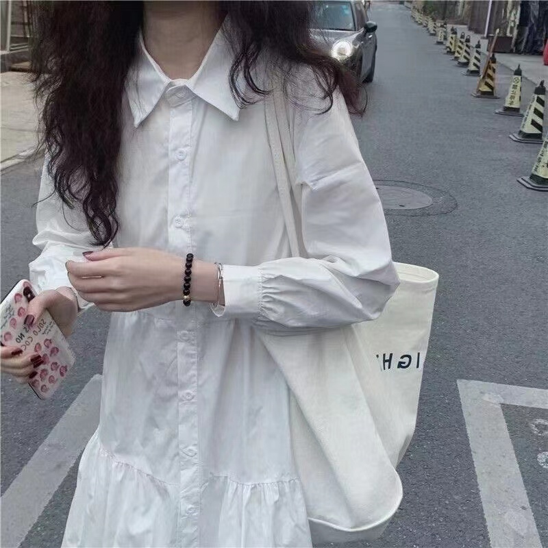 2024春秋新款小個子法式白色連衣裙子女設計感小眾長袖A字襯衫裙