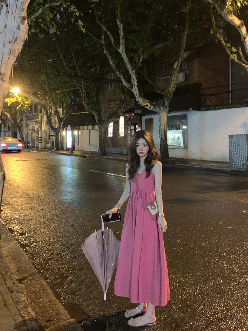 實拍#顯白吊帶裙玫紅色交叉露背小個子高腰連衣裙度假風夏