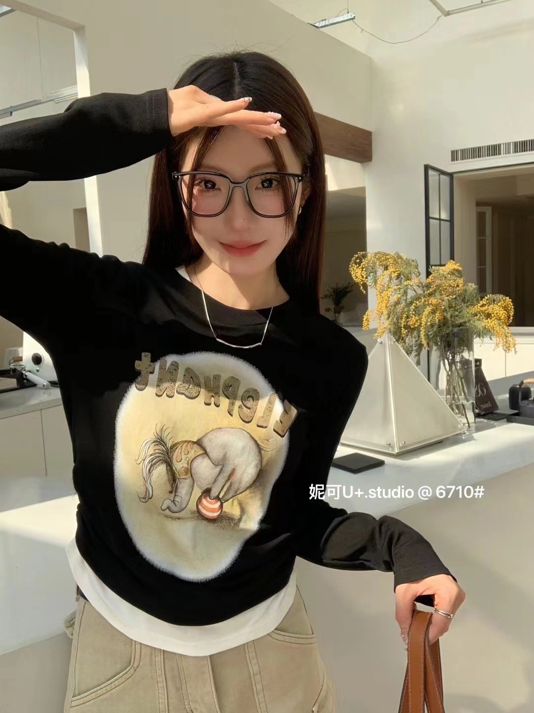 2024春夏新款卡通3D小象印花假兩件雙邊褶皺顯瘦百搭長袖T恤女