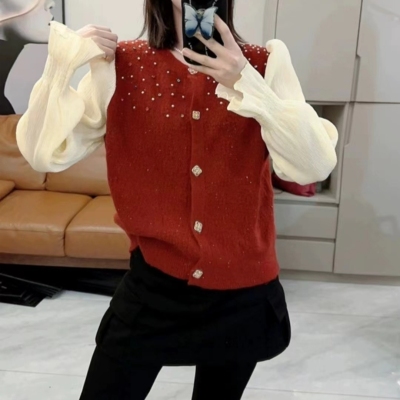 2024春款重工亮閃立體小鑽珠毛衣女針織拼接襯衫袖洋氣百搭上衣女