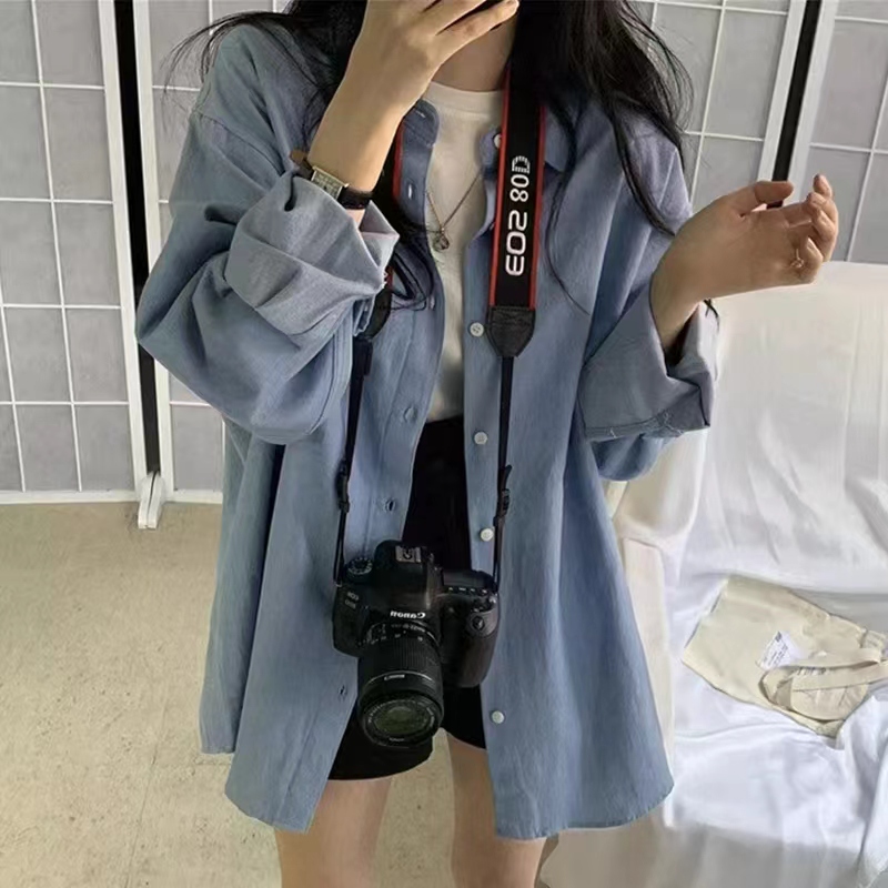 藍色襯衫上衣春秋2024年新款外搭開衫襯衣外套女