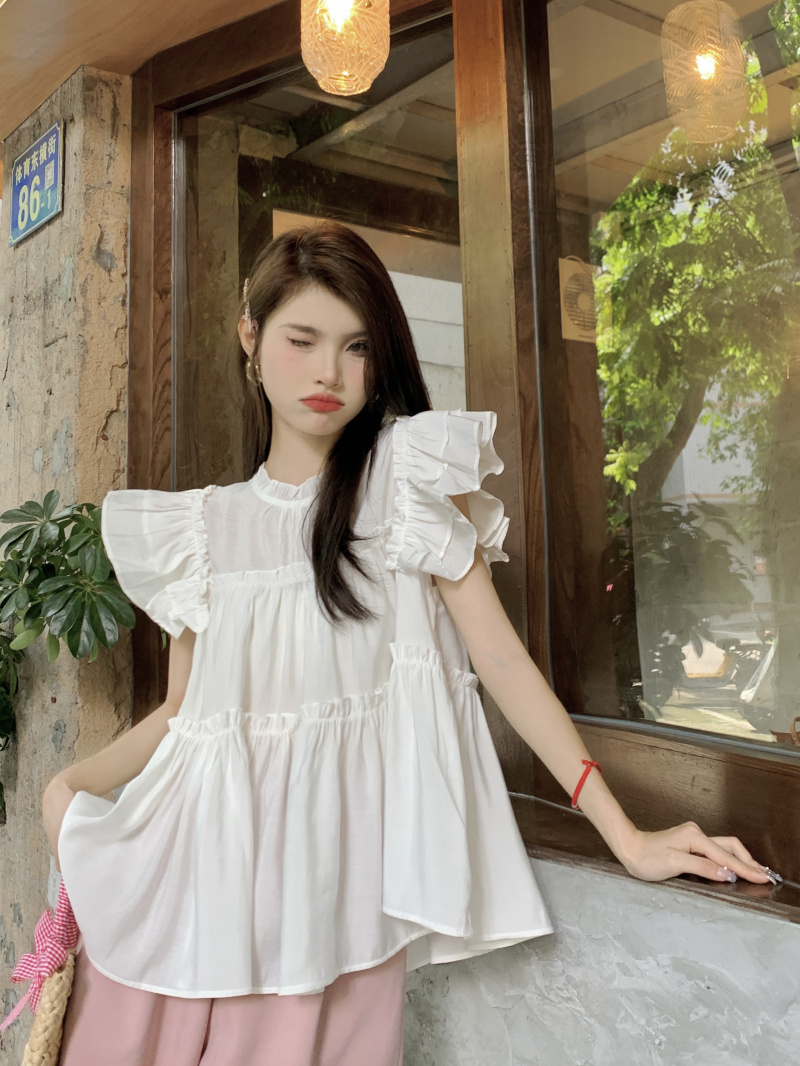 實拍 甜美減齡襯衫女夏季荷葉邊設計感娃娃衫顯瘦小飛袖上衣