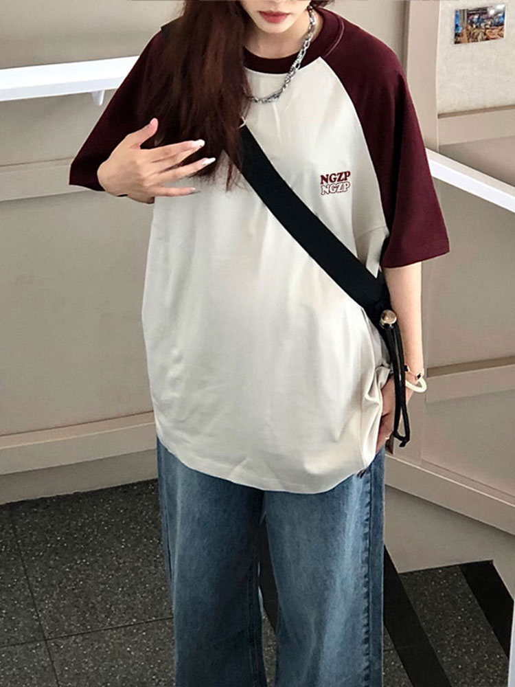 21支精梳純棉後包200克 直播品質前 印花寬鬆拼色插肩短袖t恤女