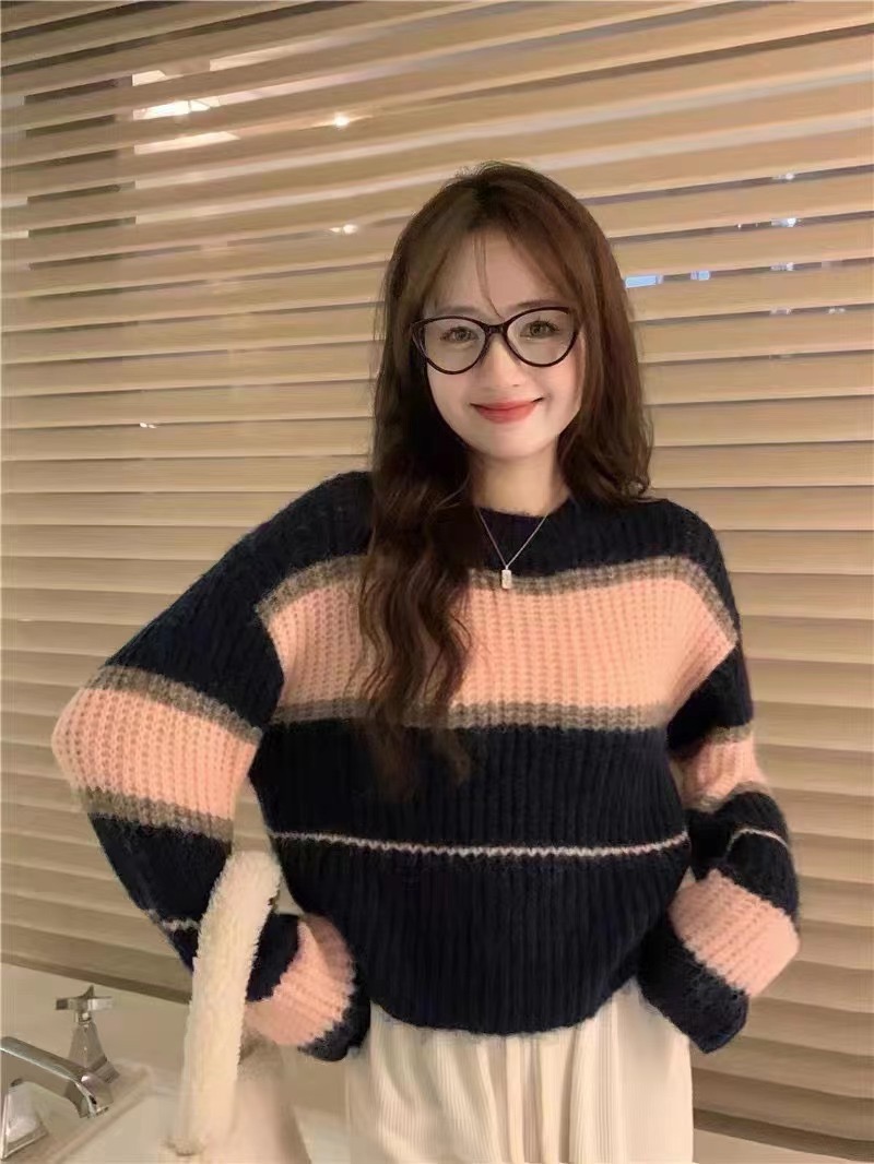 撞色條紋短款減齡小個子毛衣女溫柔軟糯針織衫