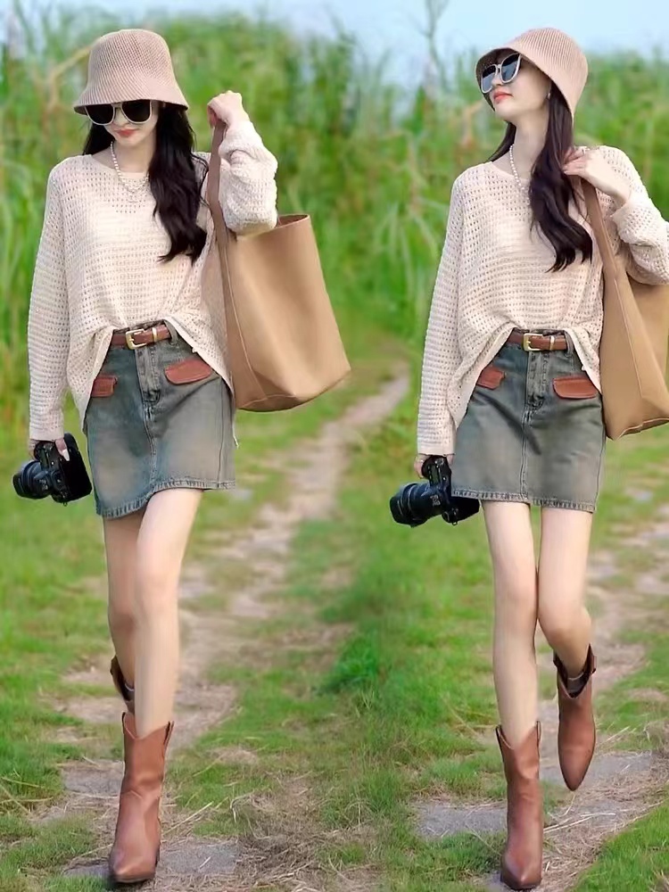 Hollow knitted sweater slit design top 2024 spring new women's suit slim denim skirt two-piece set