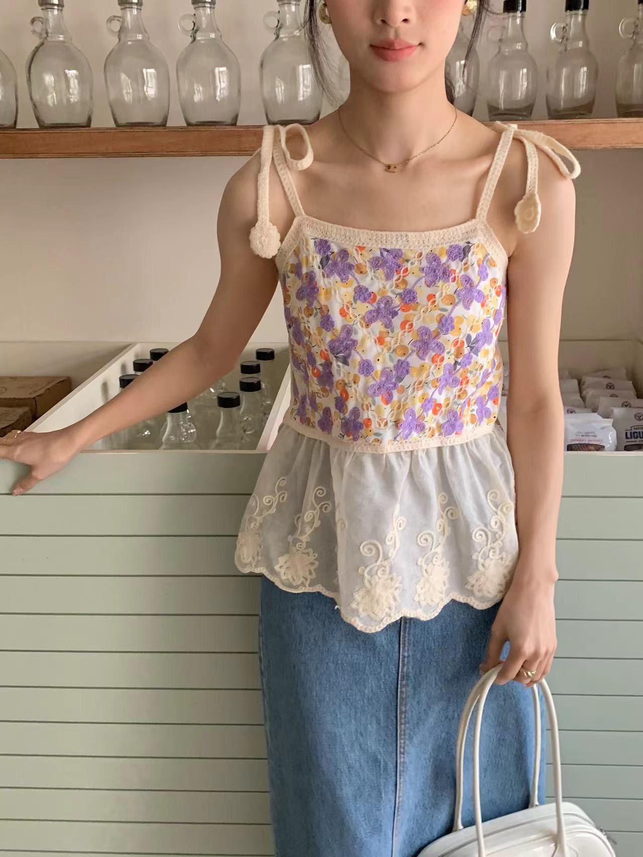 實拍 2024夏季新款度假風刺繡花朵綁帶吊帶女無袖內打底外穿