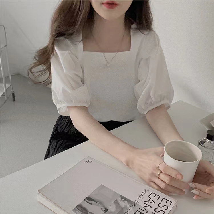 復古港味法式小眾甜美短袖方領泡泡袖襯衫女上衣百搭洋氣時尚