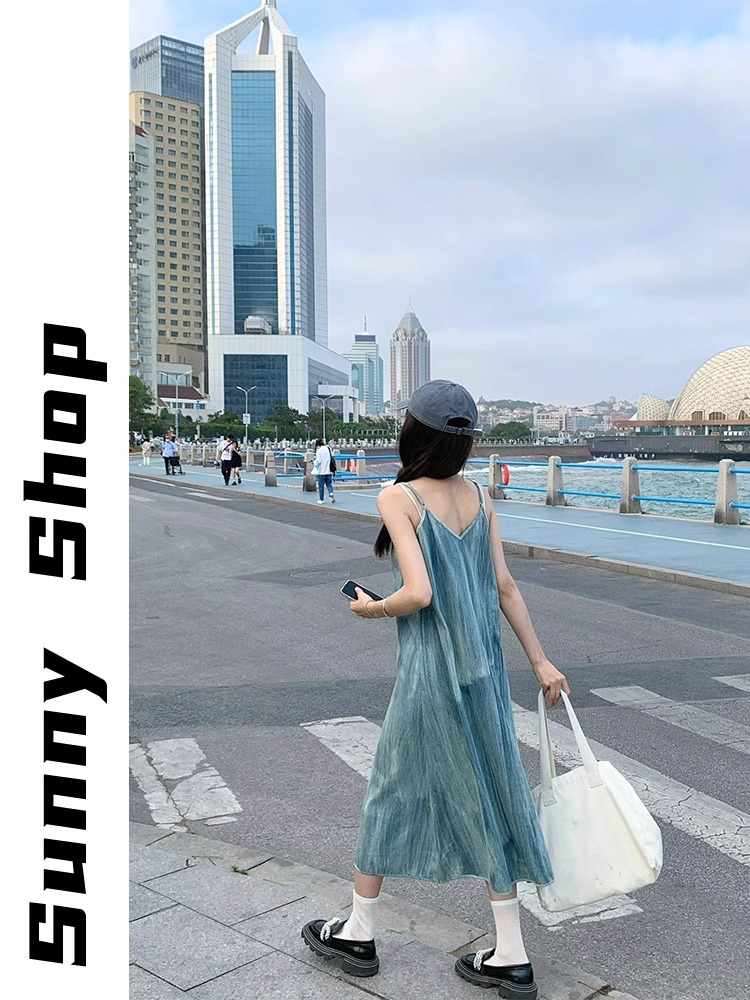 暈染牛仔吊帶連衣裙女夏季設計感小眾氣質顯瘦直筒長裙