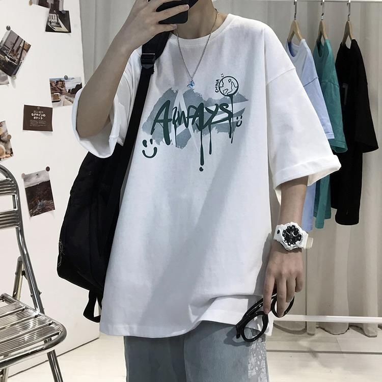 220克抖音爆款落肩寬鬆版型精梳純棉後包邊短袖T恤印花款