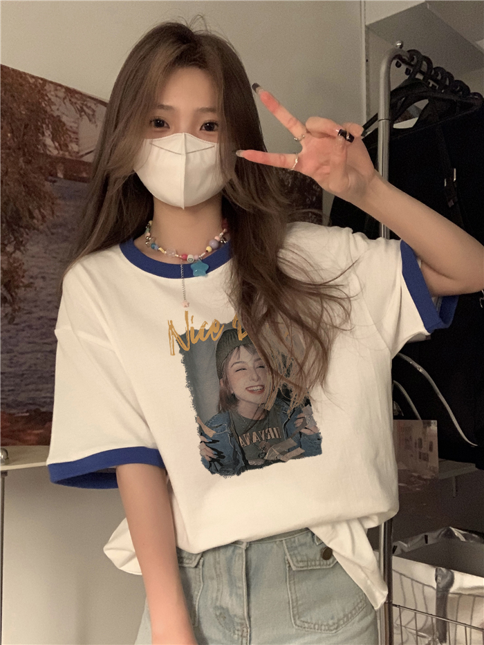 實拍包領200克純棉夏季插色圓領假兩件寬鬆短袖t恤女