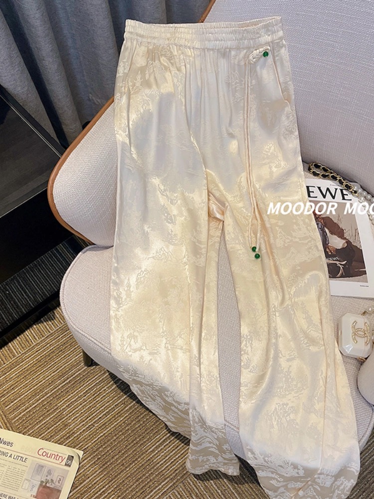 新中式國風提花緞面休閒褲子女2024年新款高腰盤扣流蘇垂感闊腿褲
