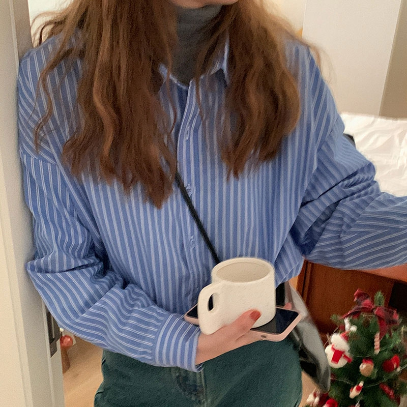 藍色襯衫女設計感小眾襯衣法式收腰小衫上衣小個子春裝2024年新款