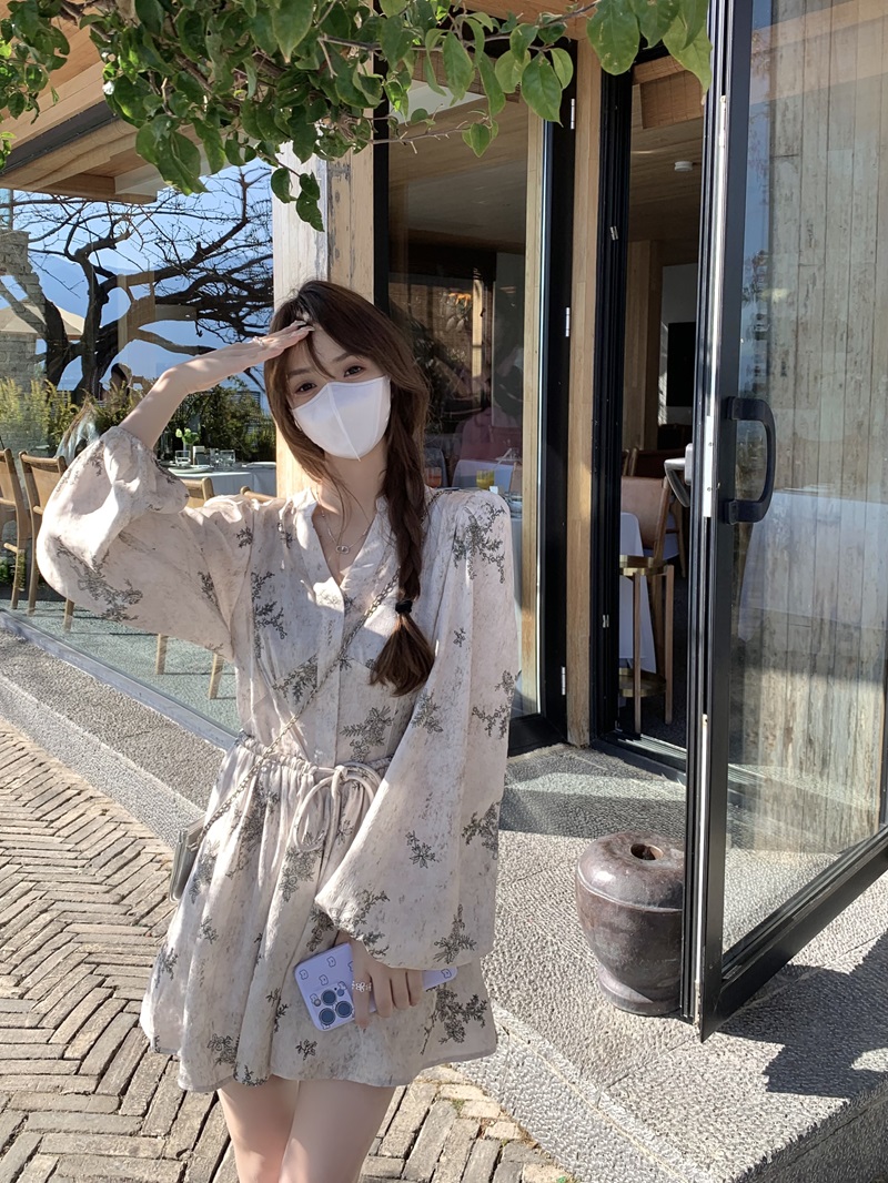 實拍  春款俏江南新中式米色碎花燈籠袖連衣裙