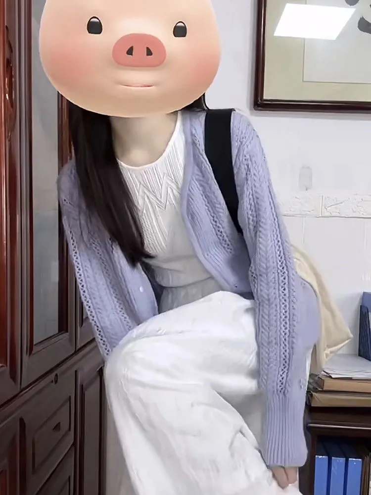 freshtaro 藍紫/米白 馬海毛鏤空針織開衫女早春短款顯瘦長袖外套