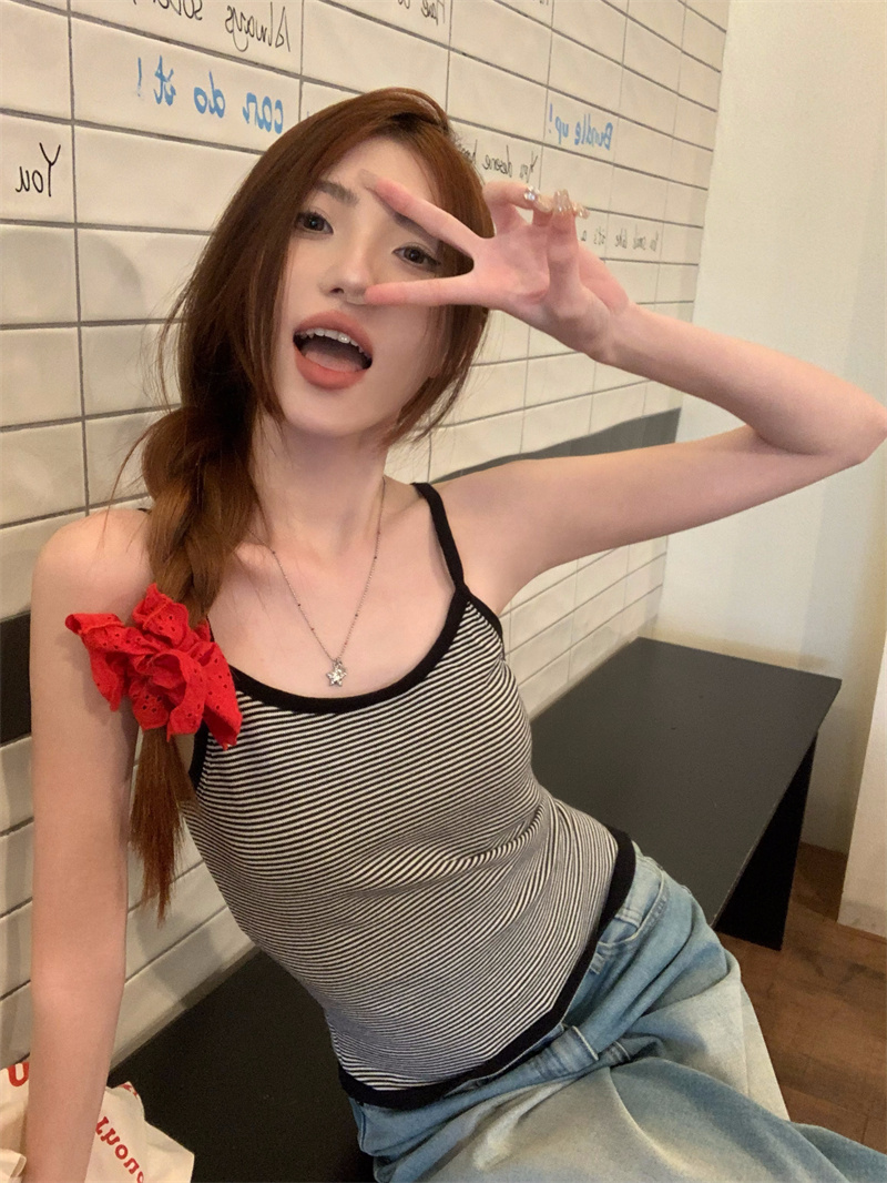實拍~條紋吊帶背心女夏季海邊度假性感辣妹美背內搭上衣