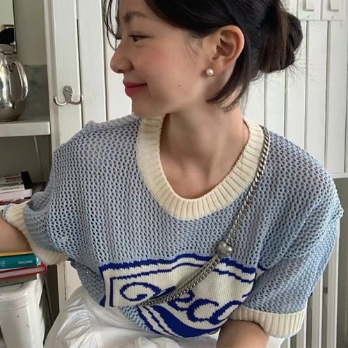 韩国ins博主fever同款AECA宽松蓝色镂空针织衫短袖上衣T恤女夏季