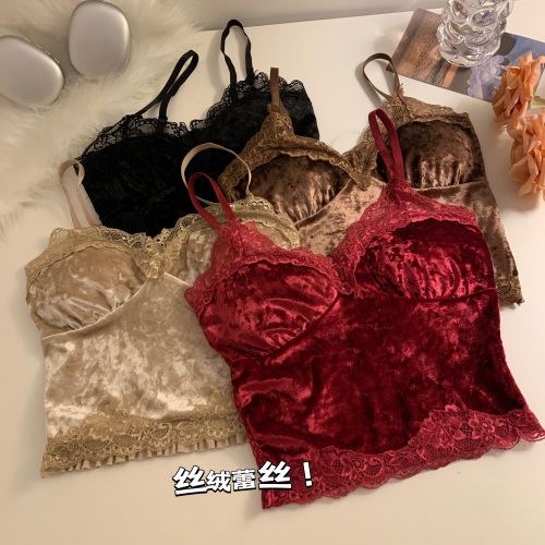 Real shot of sexy velvet lace camisole autumn and winter pure desire with breast pads sleeveless bottoming top with beautiful back