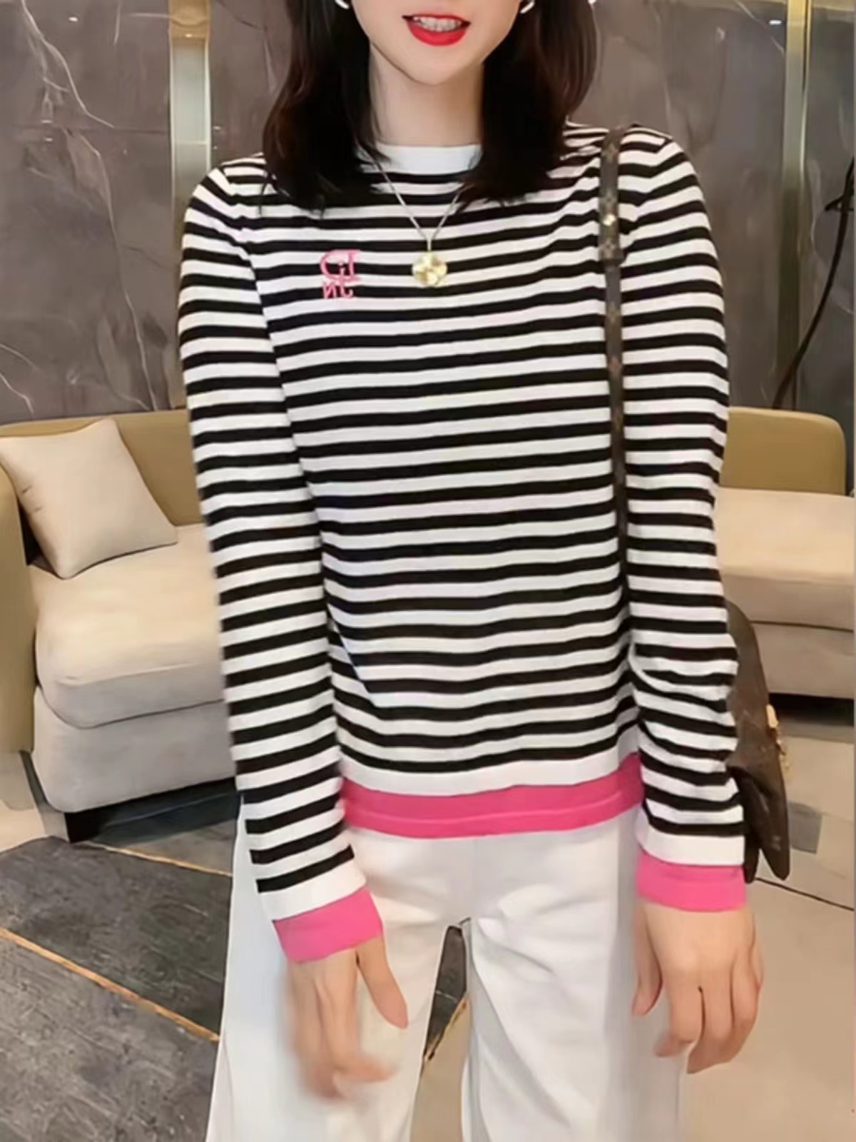 2024長袖春秋休閒打底休閒款撞色條紋女新款恤寬鬆上衣t基礎衫