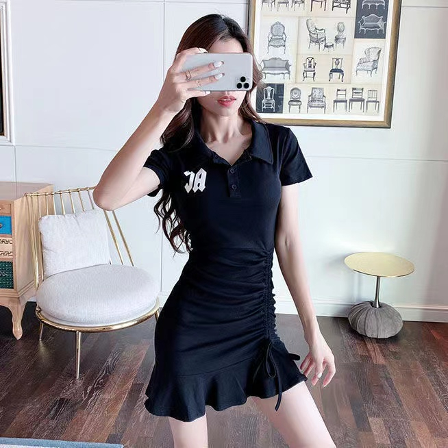 Polo抽繩修身連衣裙歐洲站女裝新款夏裝歐貨氣質顯瘦裙子女