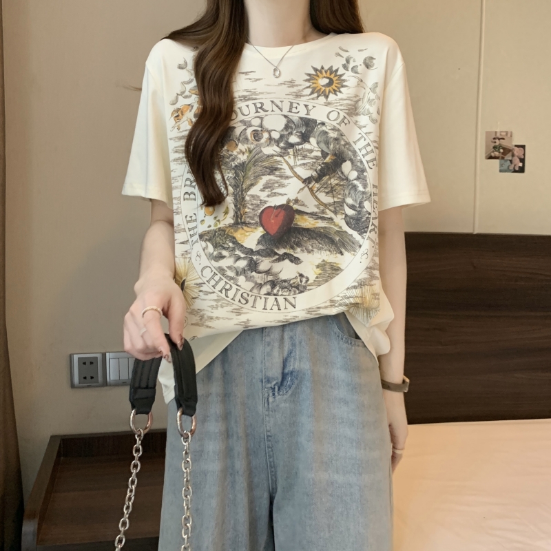 實拍復古漂亮印花正肩短袖t恤女夏小個子又A又颯別致百搭顯瘦上衣
