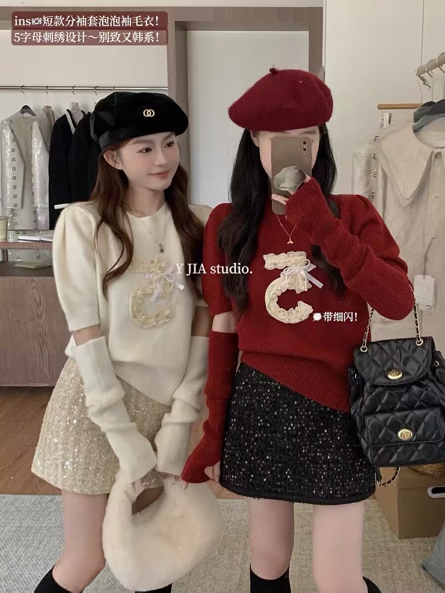 2024 Korean new style fashionable and versatile temperament design puff sleeve round neck pullover knitted sweater sweater