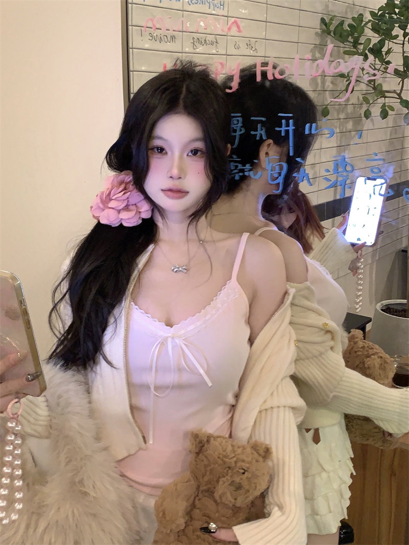 已出貨 甜美純欲蕾絲拼接蝴蝶結吊帶背心女純色夏季