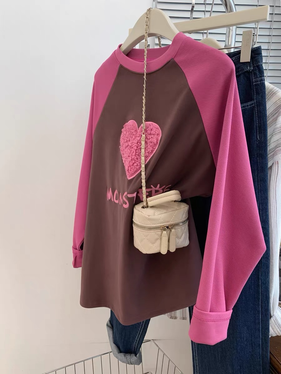 美式刺繡插肩長袖t恤女春秋春款2024新款內搭德絨打底衫寬鬆上衣