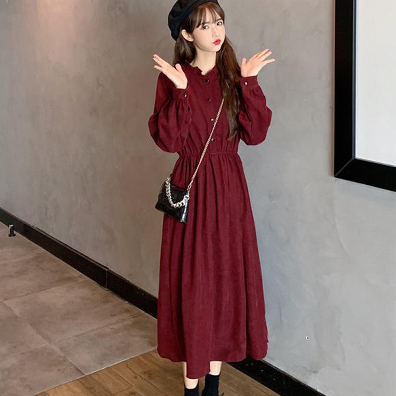 新款復古冷淡風中長款收腰木耳邊長袖連衣裙女裝裙子