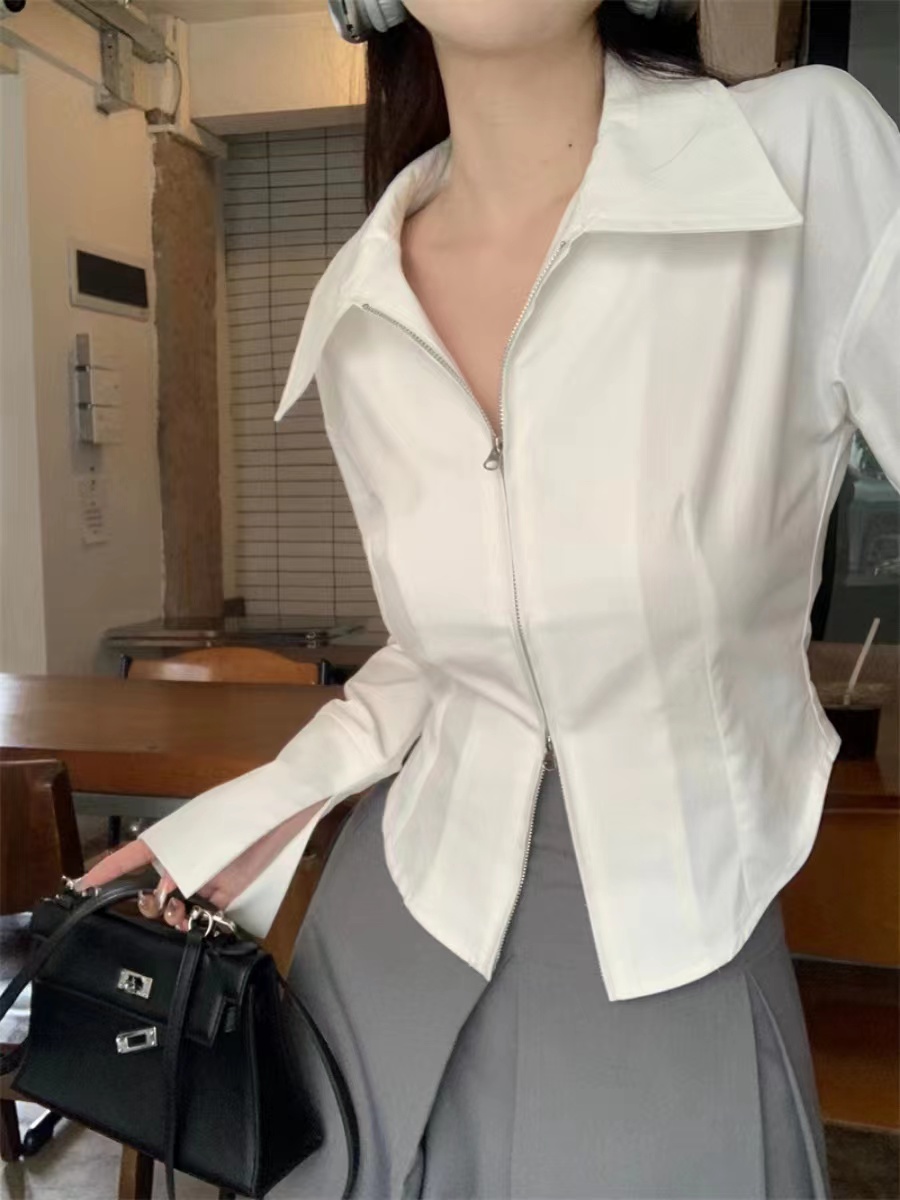 2024年春裝女裝辣妹收腰襯衣內搭上衣設計感小眾拉鏈白色襯衫外套