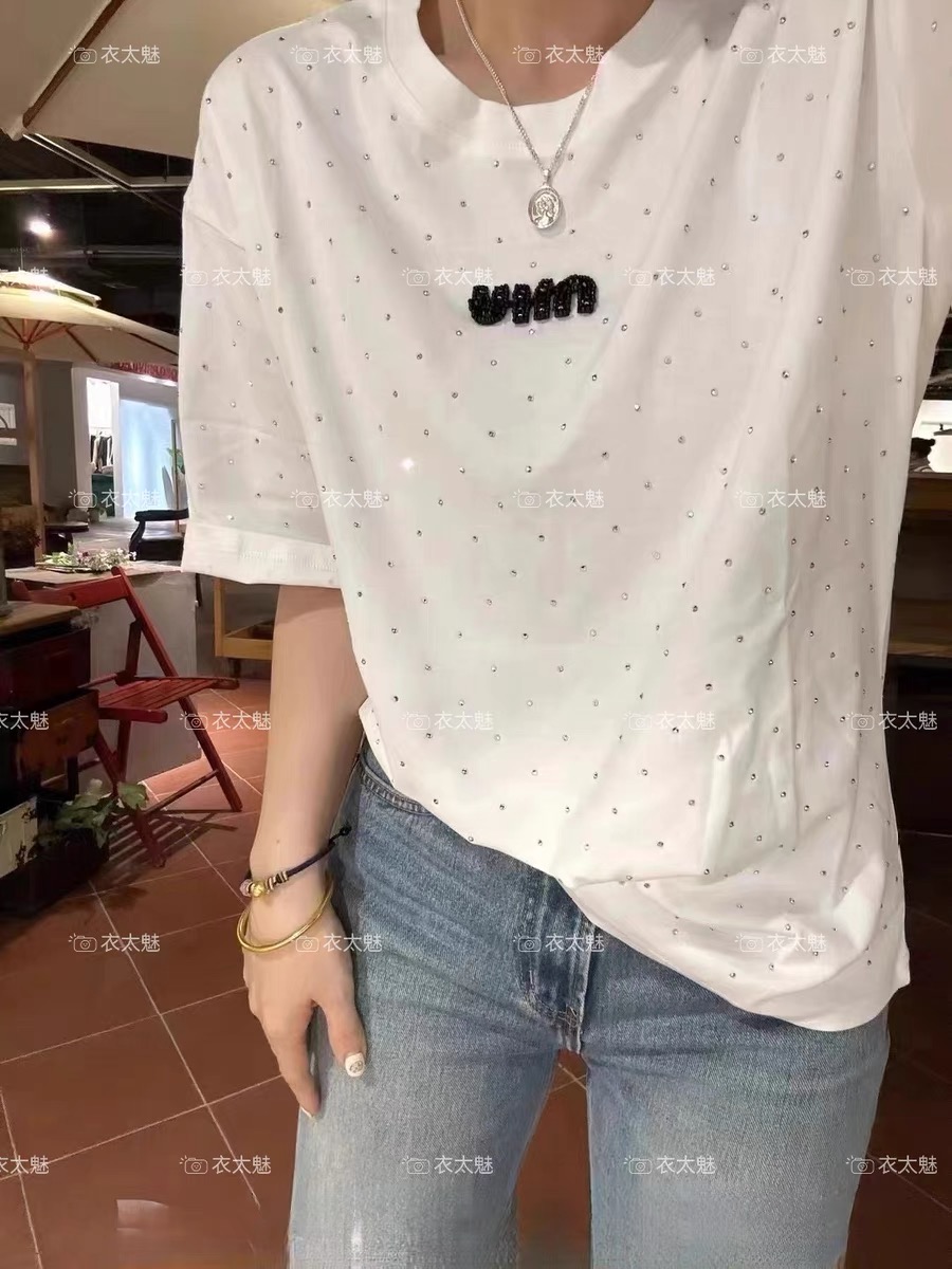 重工藝滿燙鑽短袖T恤女潮流時尚小衫套頭圓領上衣寬鬆24春季新款