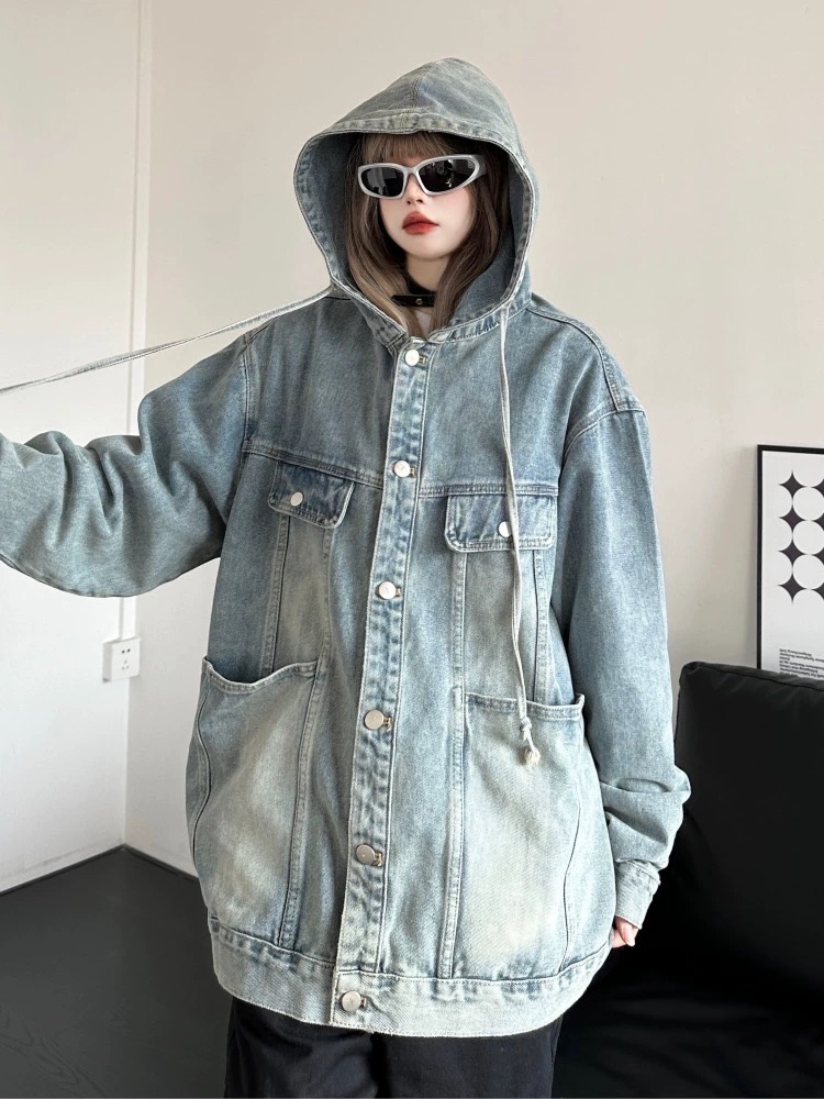 美式復古做舊水洗牛仔外套女胖mm春秋寬鬆bf風情侶上衣