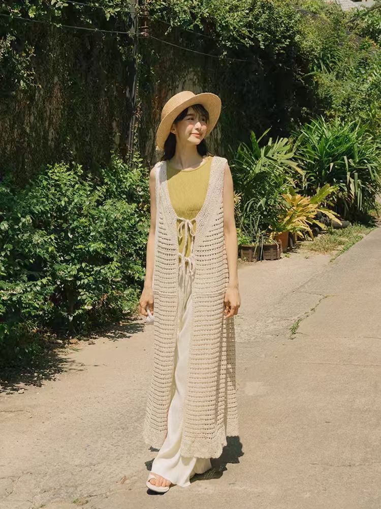 法式2024夏季新款氣質慵懶風鈎花無袖吊帶連衣裙女疊穿罩衫女