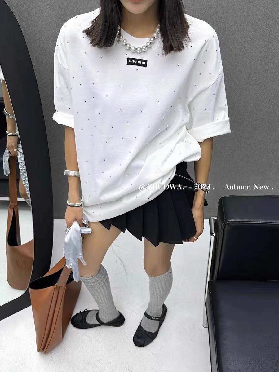 2024春夏新款韓版滿天星燙鑽字母小標中長款寬鬆短袖t恤女裝
