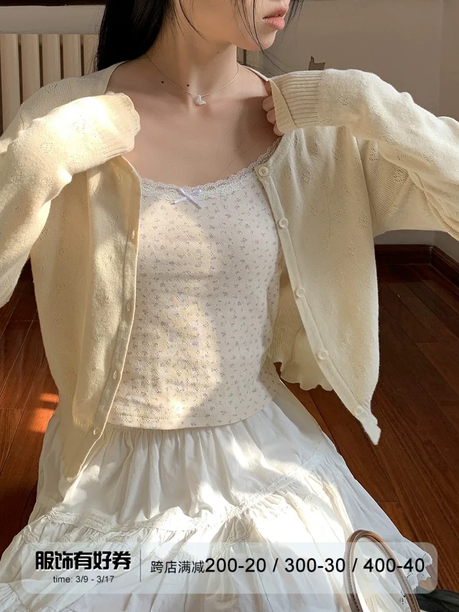 紅人館針織衫女春款2024新款外套短款毛衣開衫薄款氣質設計感上衣